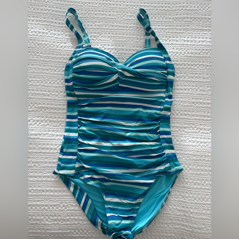Nip Tuck Striped Teal Blue One-Piece Swimsuit